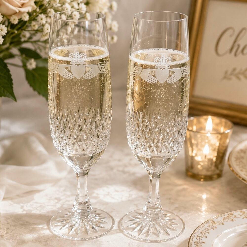 Galway Irish Crystal Claddagh Ring Champagne Wedding Flutes Set